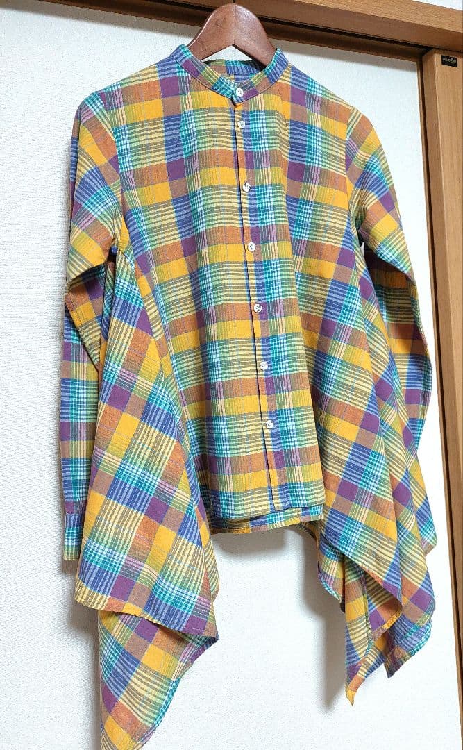 KAPITAL　ノーカラー変形チェックシャツ　S　日本製　美品✨