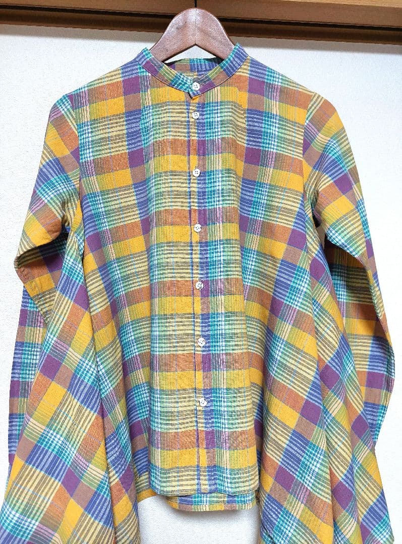 KAPITAL　ノーカラー変形チェックシャツ　S　日本製　美品✨
