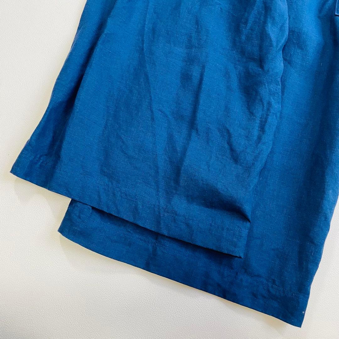 6105 中川政七商店　リネンガウチョパンツ　麻100% サイドポケット　ブルー