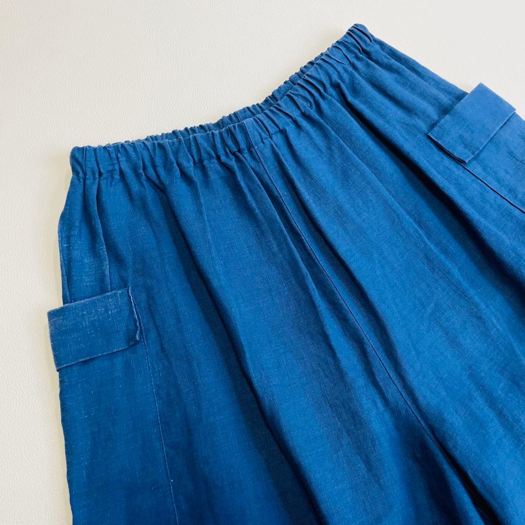 6105 中川政七商店　リネンガウチョパンツ　麻100% サイドポケット　ブルー