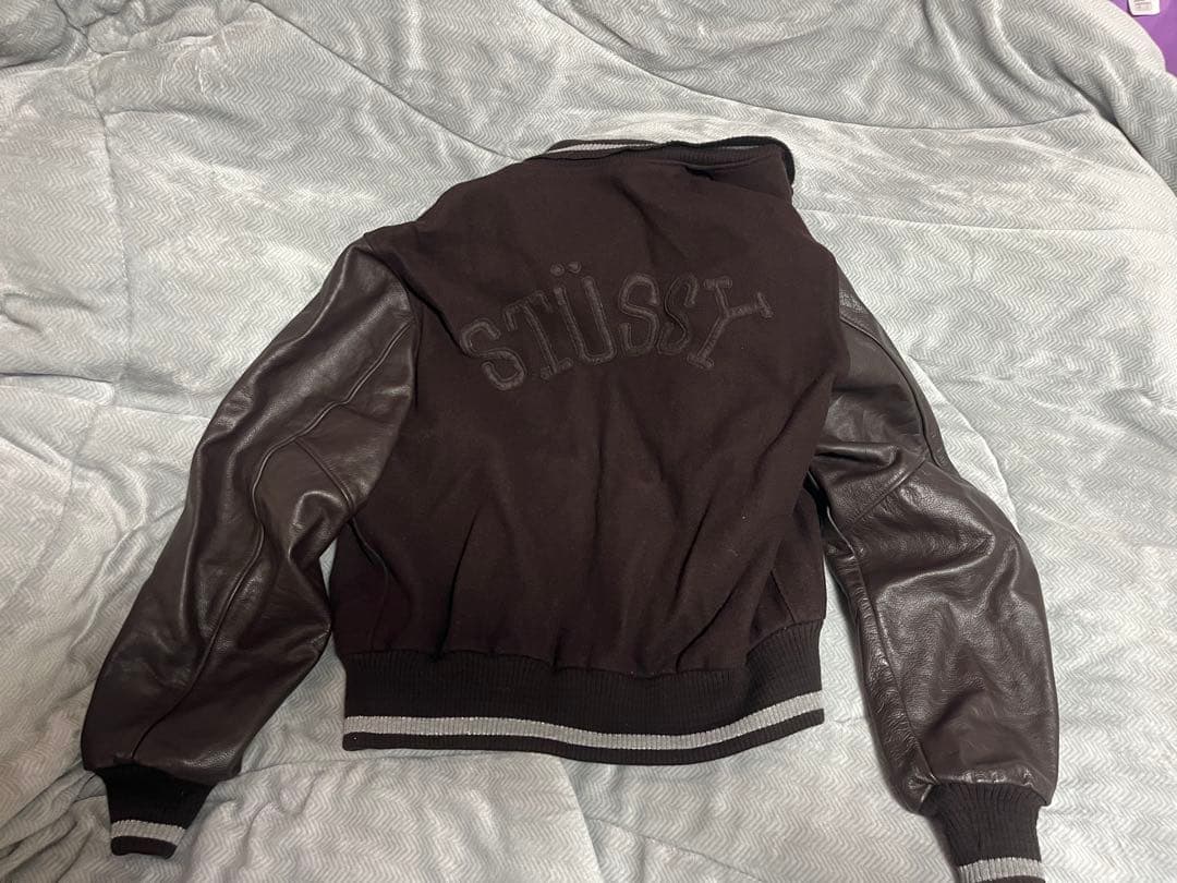 【希少XL】STUSSY レザー切替スタジャン 裏地フォト総柄 ブラウン