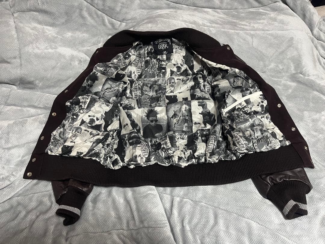 【希少XL】STUSSY レザー切替スタジャン 裏地フォト総柄 ブラウン