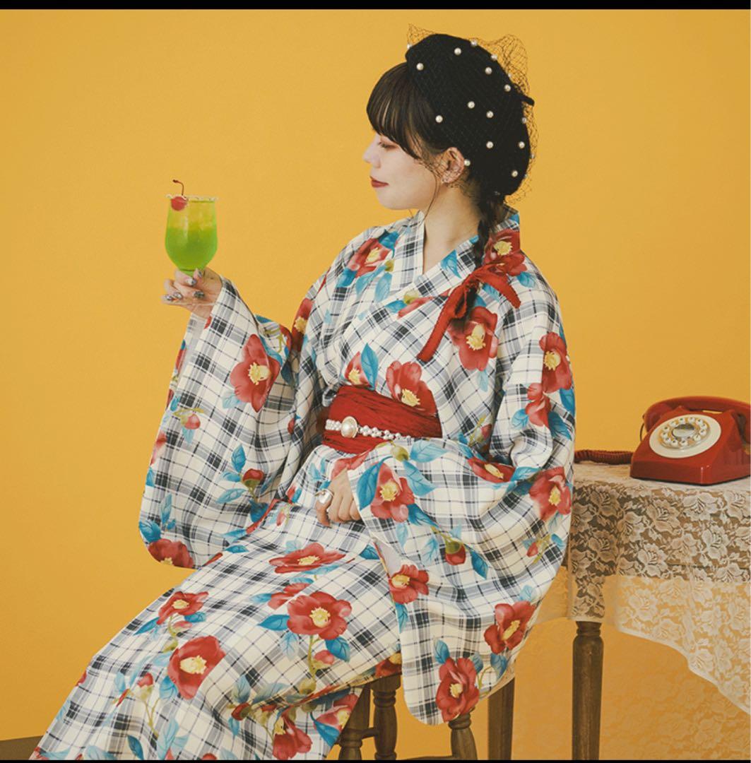 【クティールとレトロ】2wayレトロ浴衣セット 花柄チェックカーディガン風浴衣