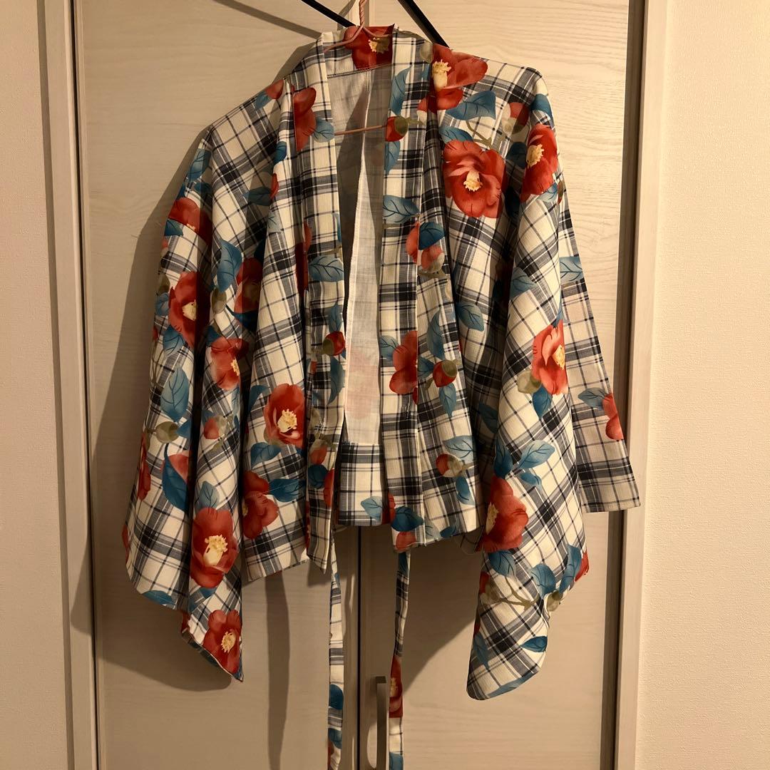 【クティールとレトロ】2wayレトロ浴衣セット 花柄チェックカーディガン風浴衣