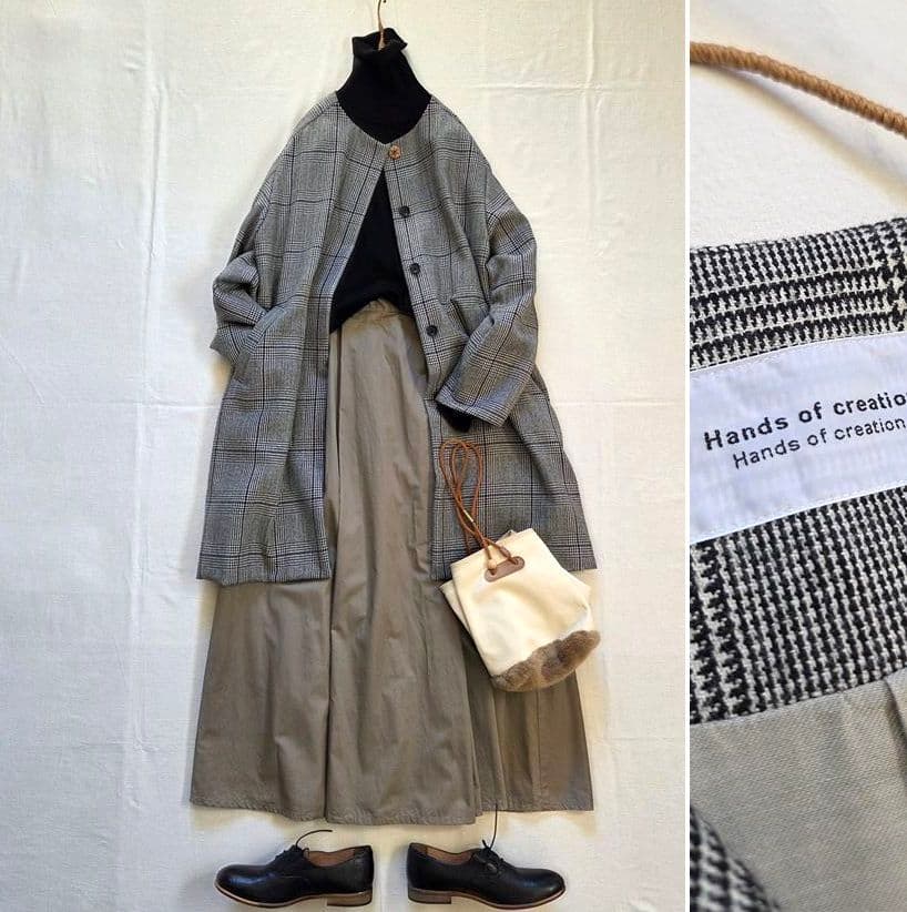 ハンズオブクリエイション ノーカラーコート ウール グレンチェック 千鳥格子