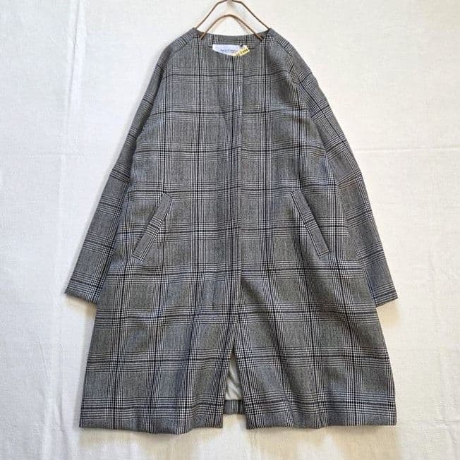ハンズオブクリエイション ノーカラーコート ウール グレンチェック 千鳥格子