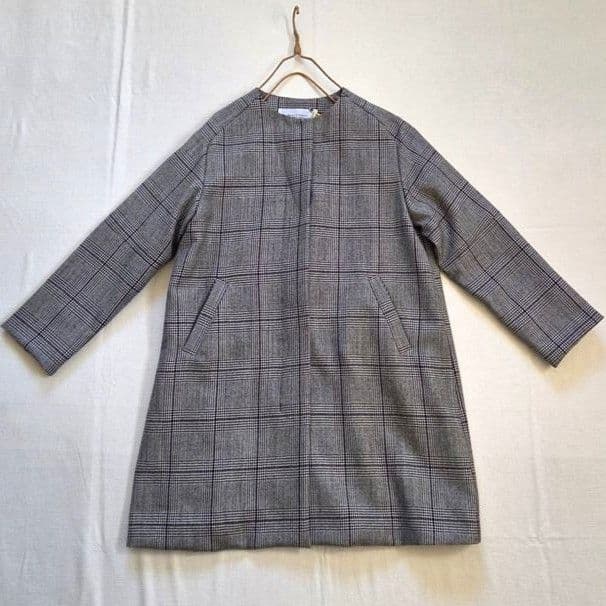 ハンズオブクリエイション ノーカラーコート ウール グレンチェック 千鳥格子