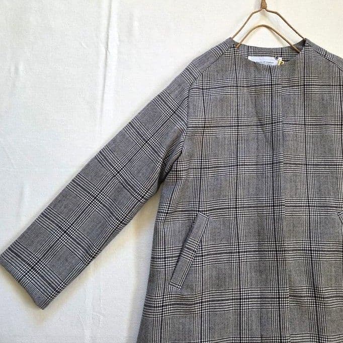 ハンズオブクリエイション ノーカラーコート ウール グレンチェック 千鳥格子