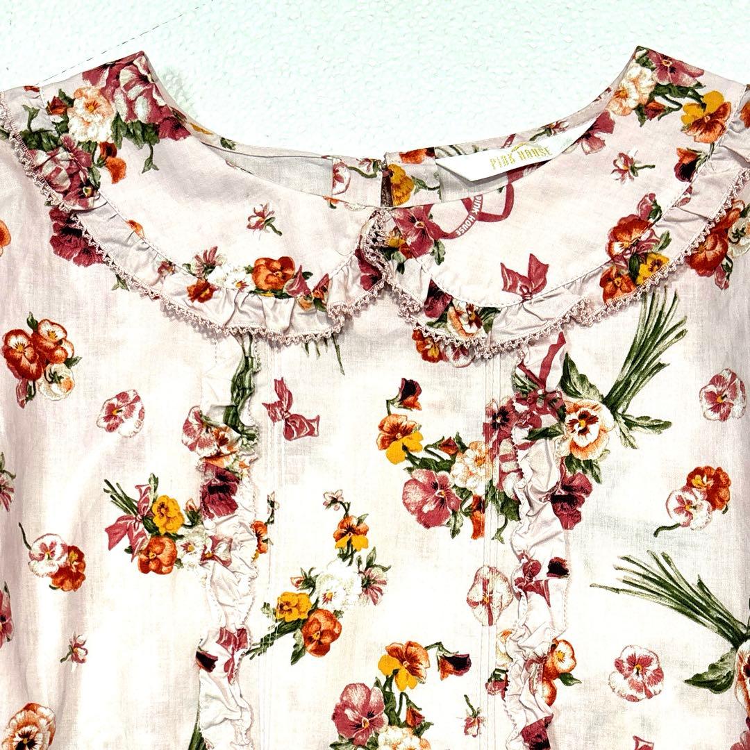 【極美品/近年モデル】ピンクハウス　ロングワンピース　パンジー柄　フリル　リボン