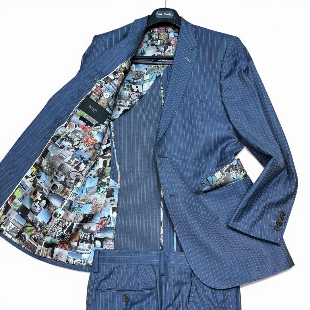 美品 ポールスミス 現行 SOHO スーツ 総柄 背抜き サックスブルー XL