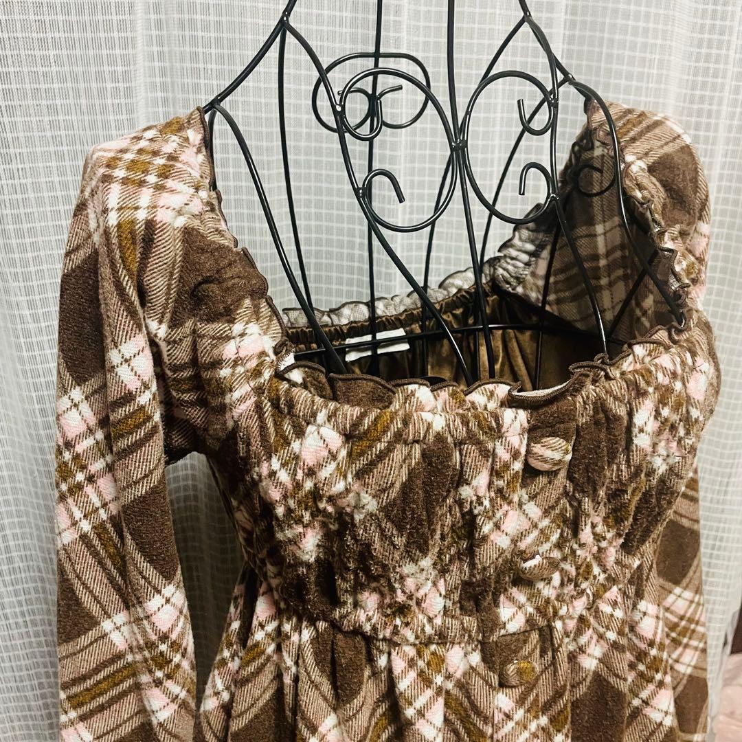 00s 希少　LIZLISA✨（リズリサ）茶色チェック オフショルワンピース