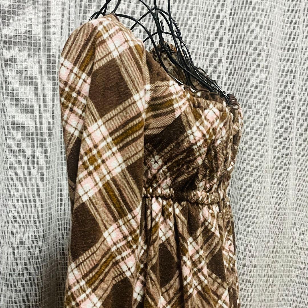 00s 希少　LIZLISA✨（リズリサ）茶色チェック オフショルワンピース