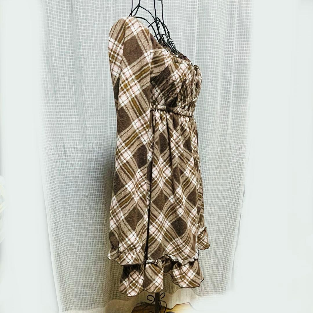 00s 希少　LIZLISA✨（リズリサ）茶色チェック オフショルワンピース
