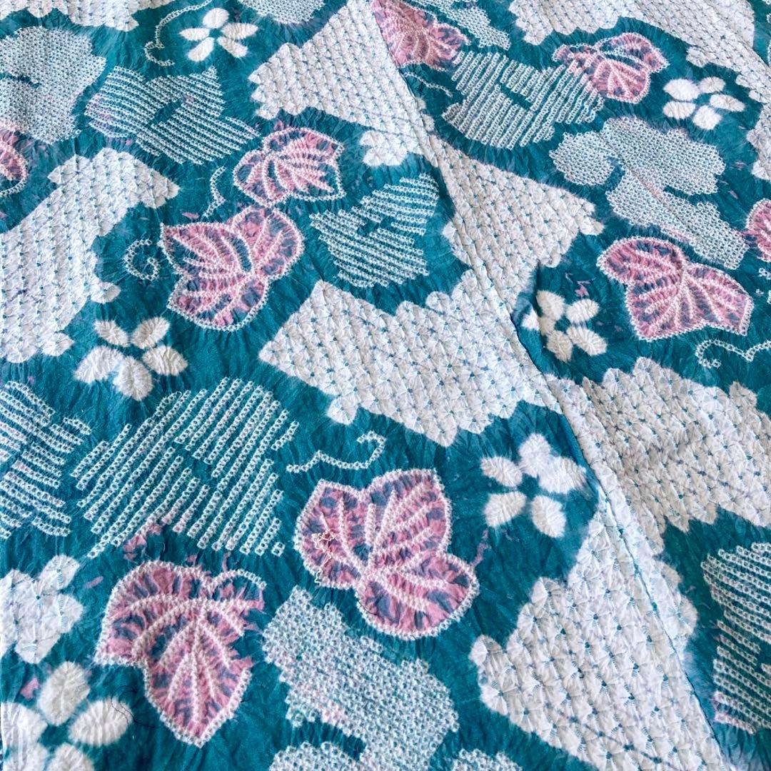 ★ ヨル★青緑色 身丈150 有松絞り 絞り浴衣　総絞り NO32