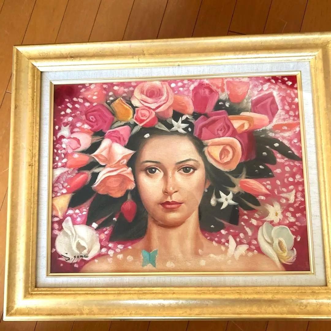 （値下げしました） 花と蝶の女性　油絵　絵画　ピンク