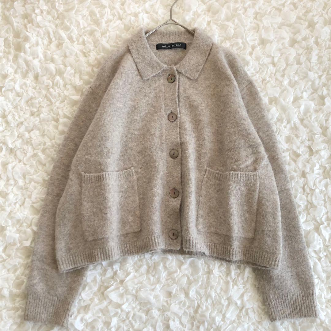 ミズイロインド◆ 襟付きショートカーディガン ウール ニット ライトベージュ
