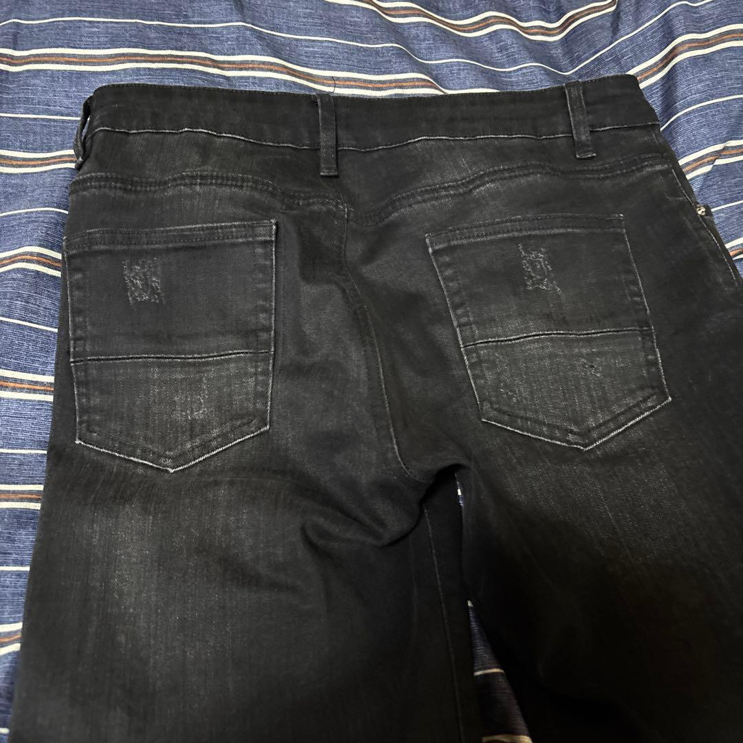 US UK drip HIPHOP スリムフィットダメージジーンズ 黒