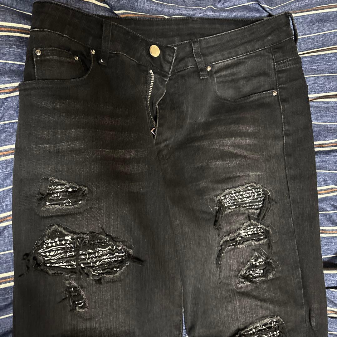 US UK drip HIPHOP スリムフィットダメージジーンズ 黒