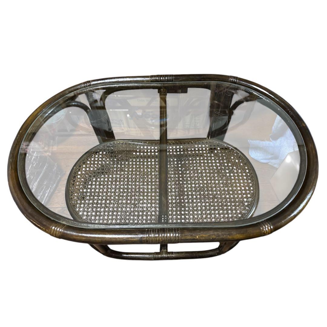 【美品】ラタン 楕円形センターテーブル サイドテーブル 丸型 ガラステーブル　藤