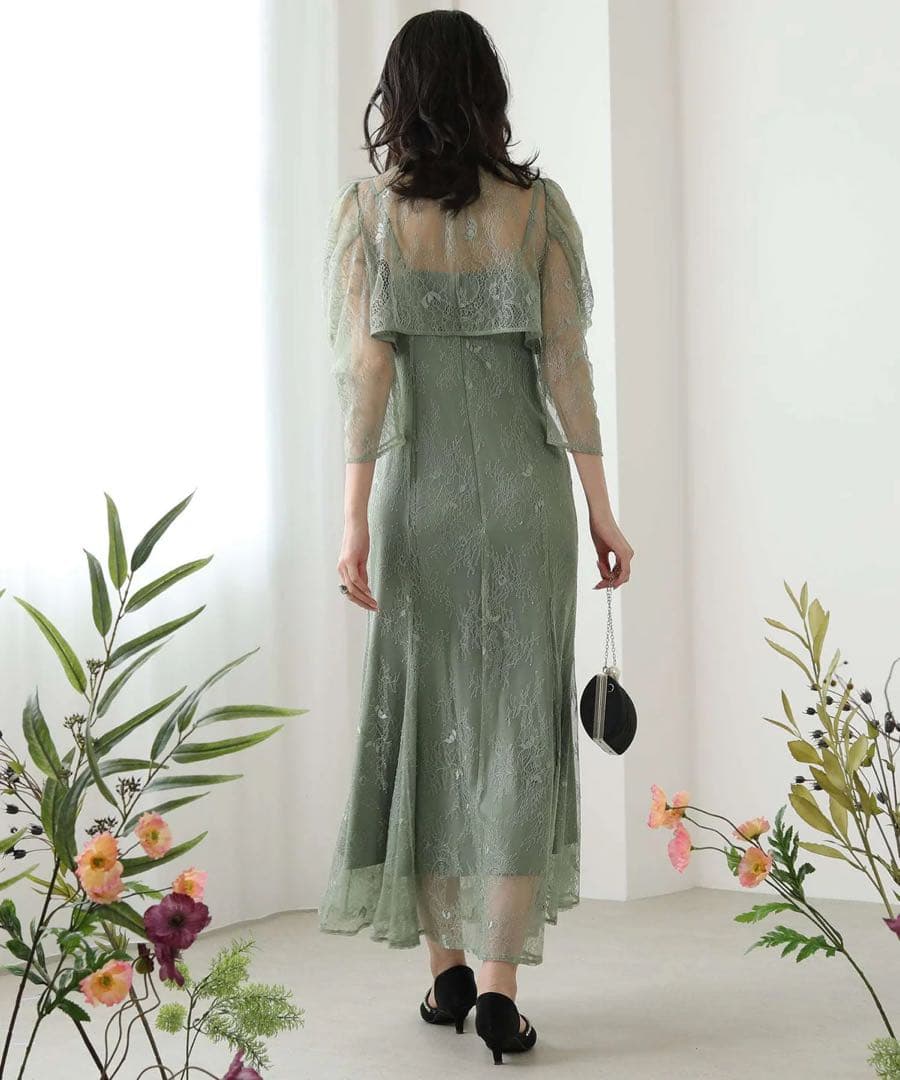 ボレロキャミワンピースレイヤード総レースパーティードレス グリーン　ほつれあり