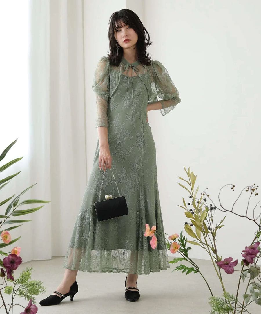 ボレロキャミワンピースレイヤード総レースパーティードレス グリーン　ほつれあり