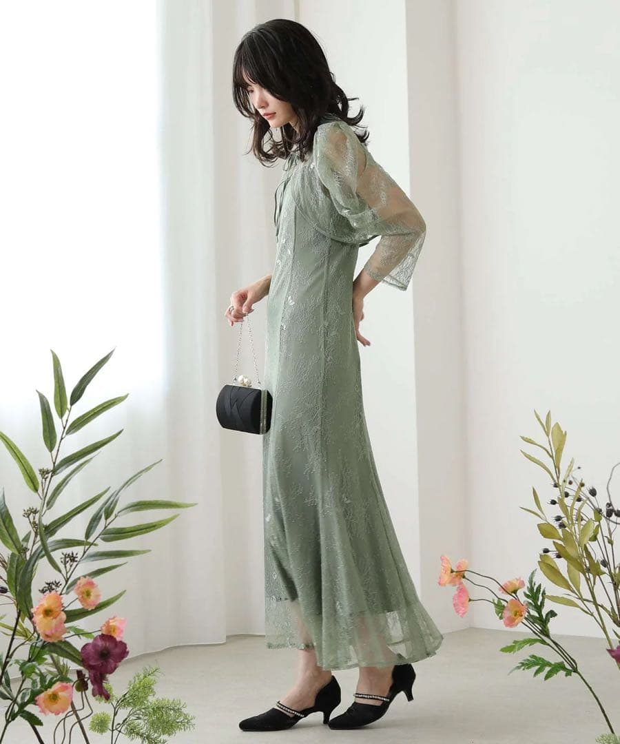 ボレロキャミワンピースレイヤード総レースパーティードレス グリーン　ほつれあり