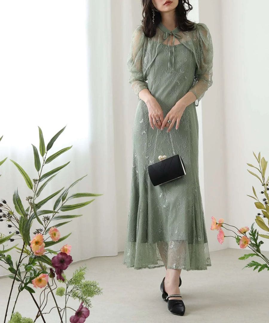 ボレロキャミワンピースレイヤード総レースパーティードレス グリーン　ほつれあり