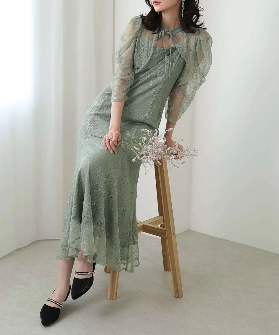 ボレロキャミワンピースレイヤード総レースパーティードレス グリーン　ほつれあり