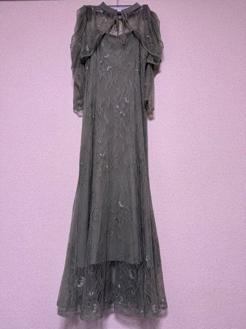 ボレロキャミワンピースレイヤード総レースパーティードレス グリーン　ほつれあり