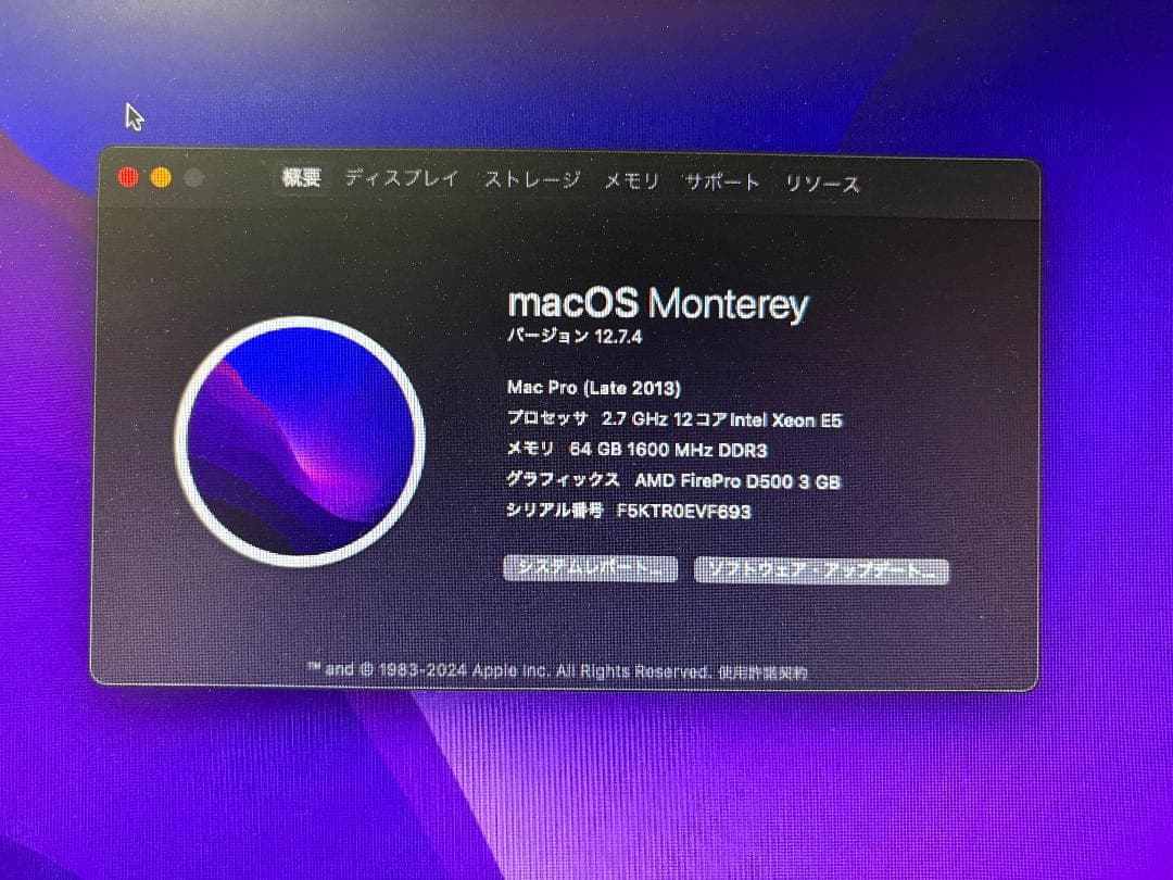 Apple Mac Pro 2013 XeonE5 12コア+64GBメモリ