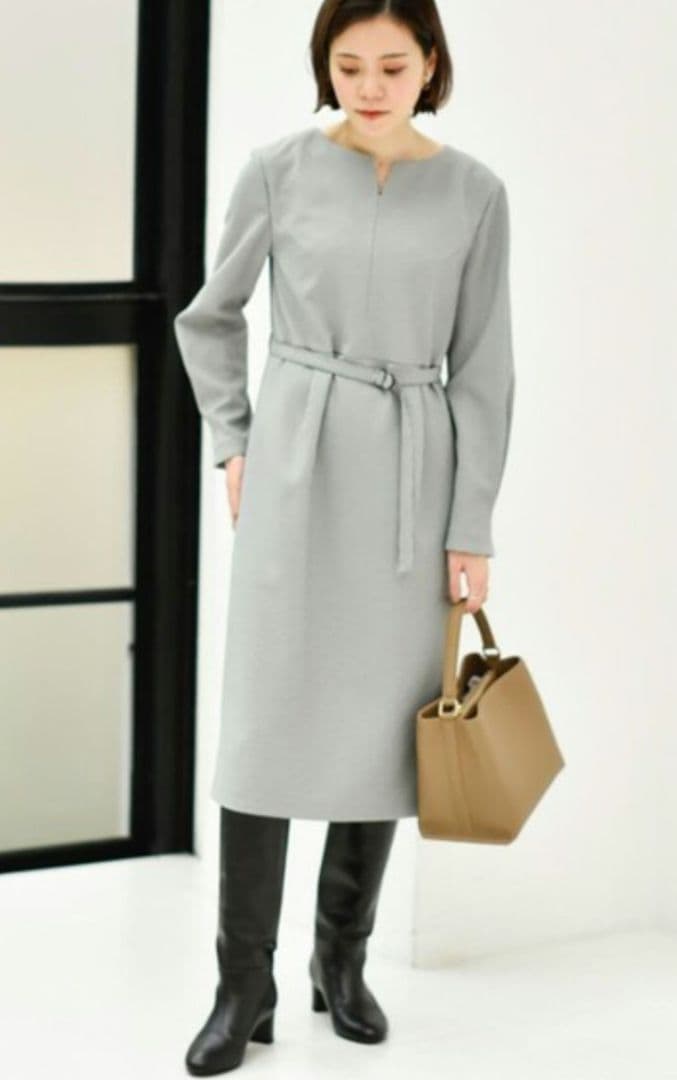 アンタイトル　ウール混キーネックワンピース　スリットネック　XL　2L　濃紺