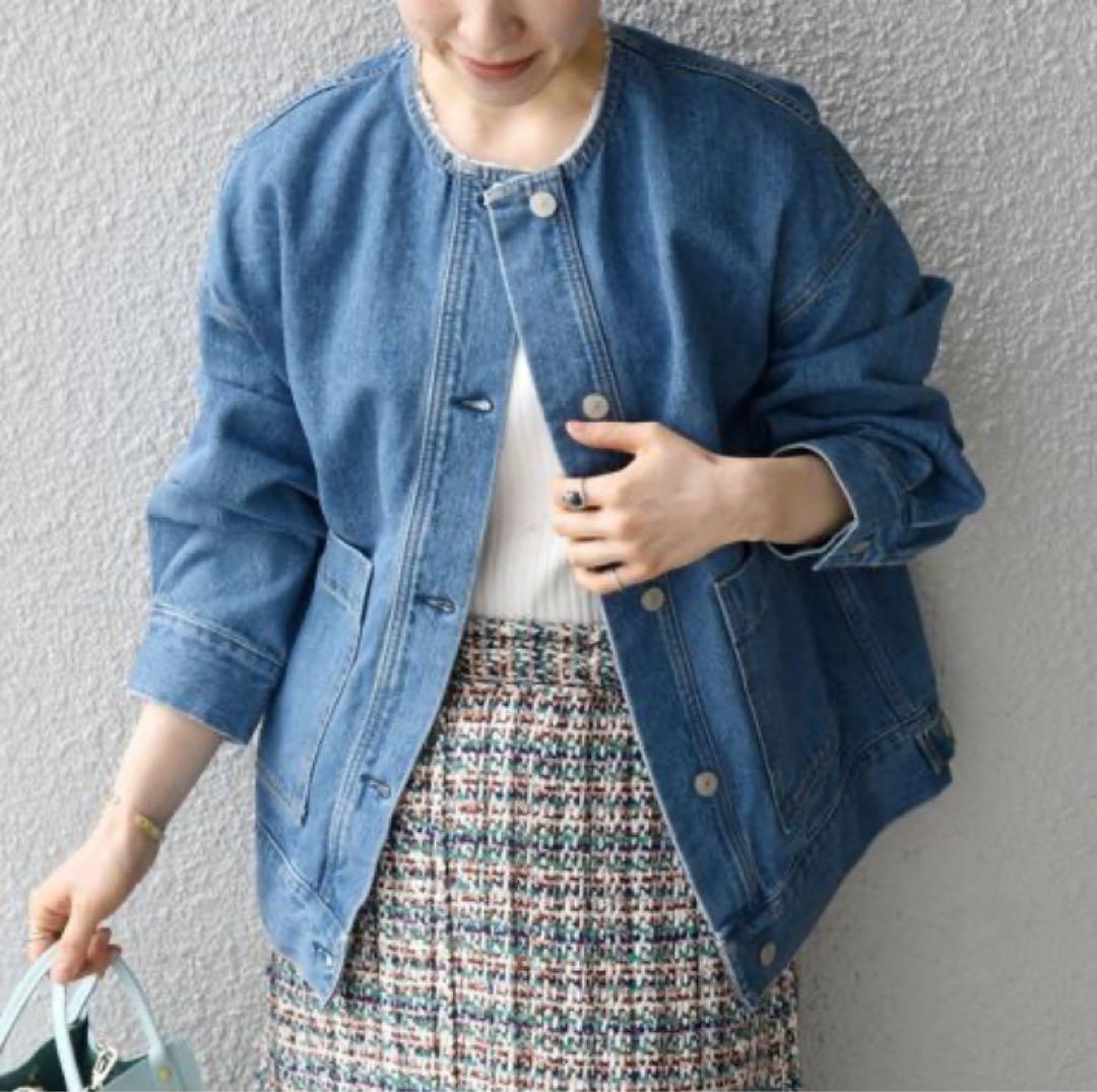 SHIPS any ノーカラー デニム ブルゾン デニムジャケット ブルー