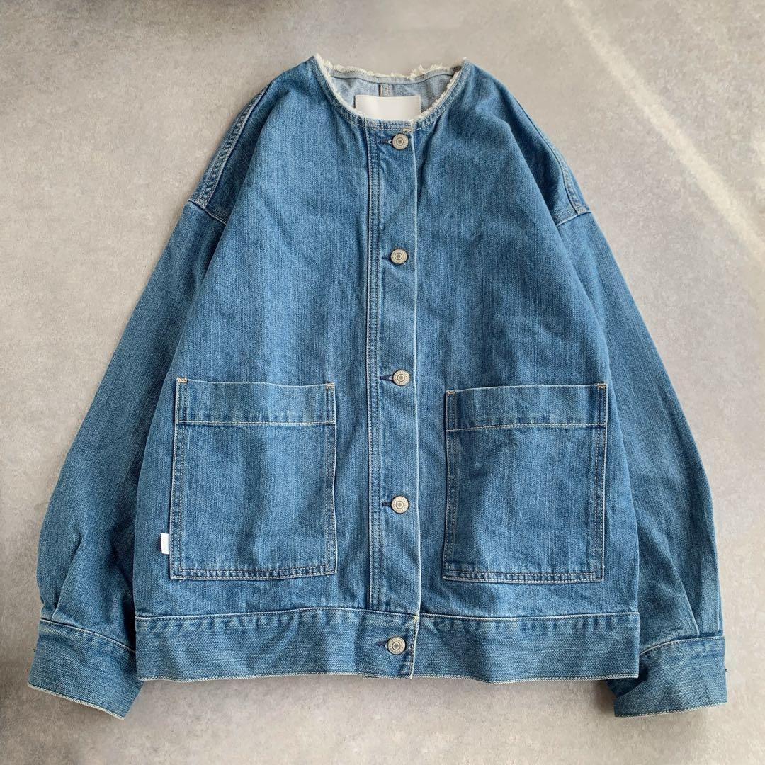SHIPS any ノーカラー デニム ブルゾン デニムジャケット ブルー