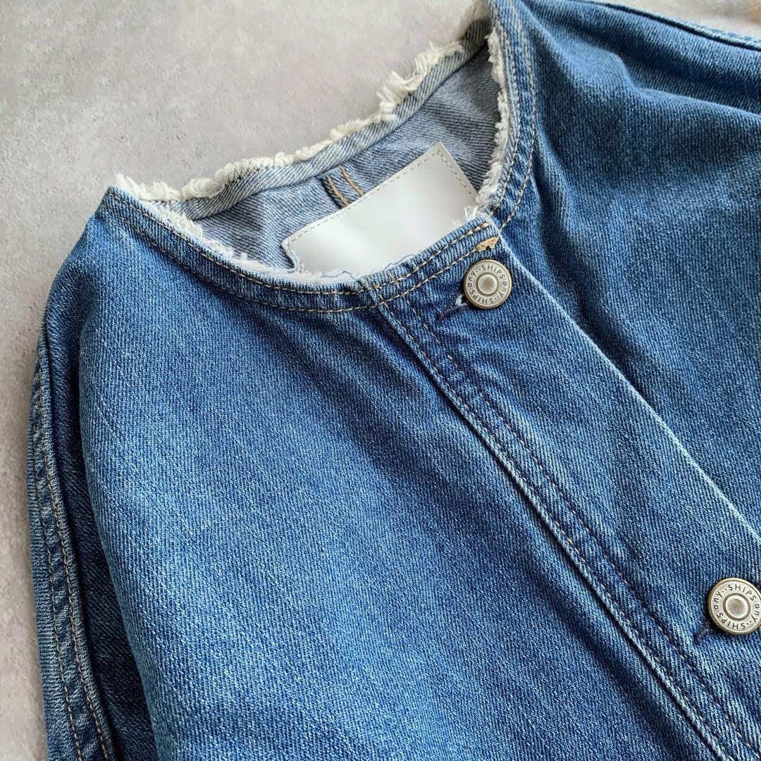 SHIPS any ノーカラー デニム ブルゾン デニムジャケット ブルー