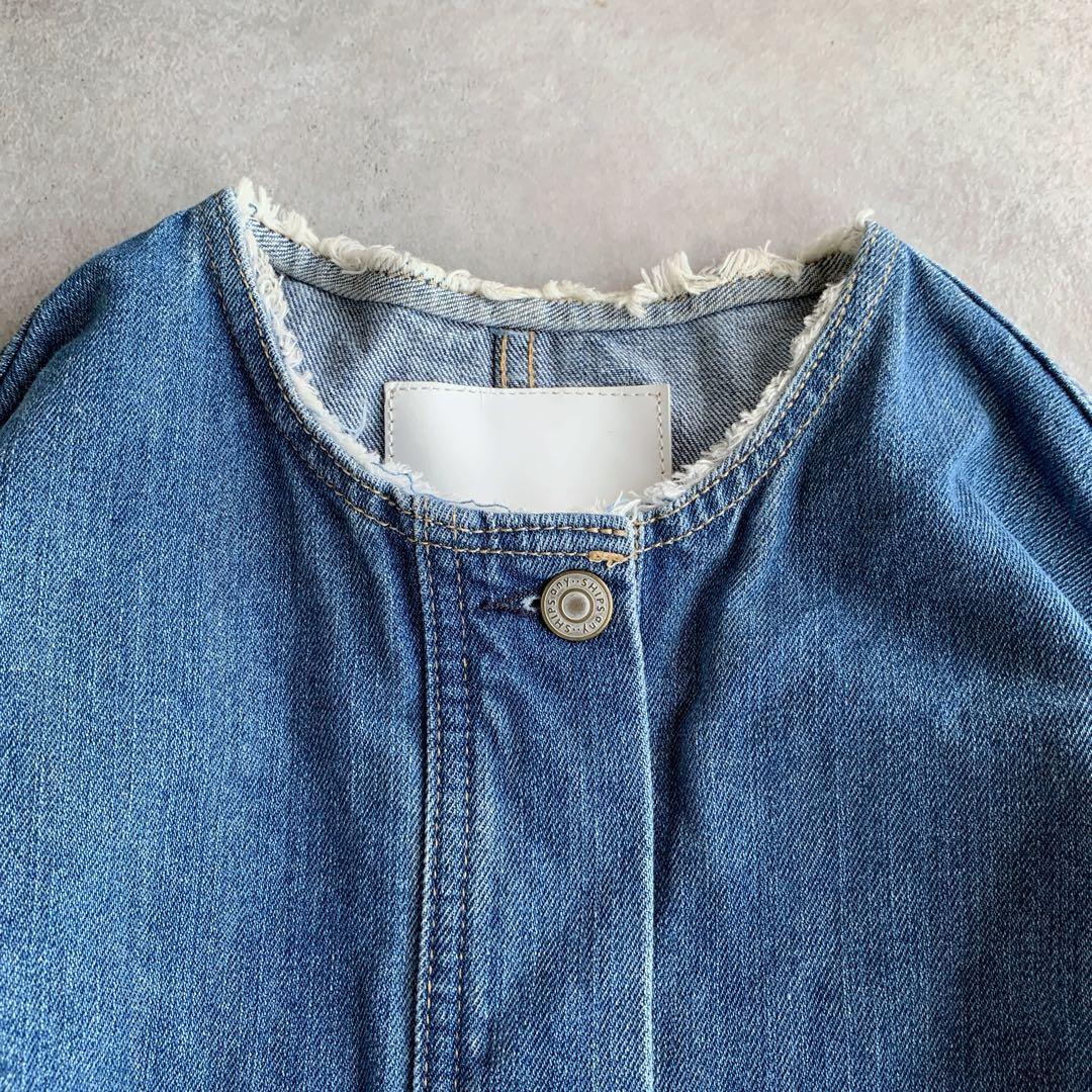 SHIPS any ノーカラー デニム ブルゾン デニムジャケット ブルー