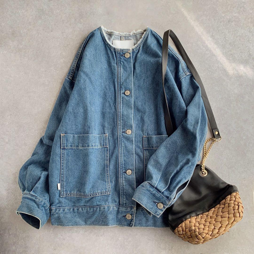 SHIPS any ノーカラー デニム ブルゾン デニムジャケット ブルー