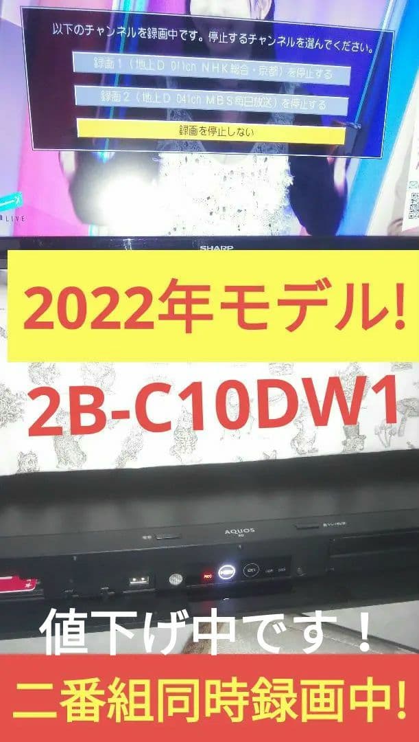 2022年モデルシャープ2B-C10DW1/二番組同録・4K再生可/実動/新リモ