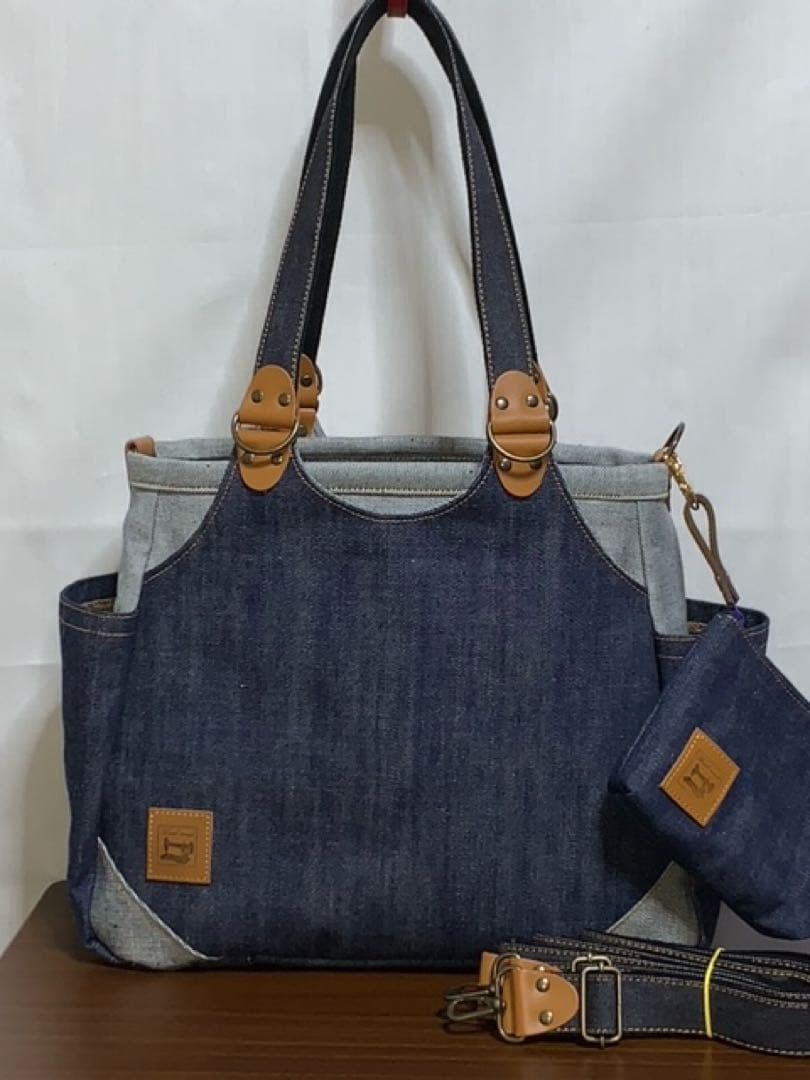 ☆ハンドメイド♪ ＊Mサイズ☆岡山デニム4way♪あおりバッグ☆ポーチ付き