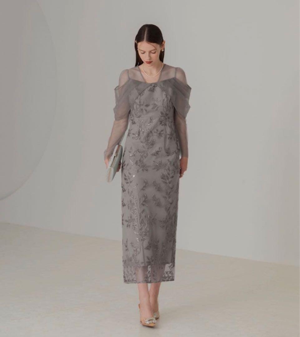 【LEJA】チュールロングスリーブリーフIラインドレスワンピース　グレー　M