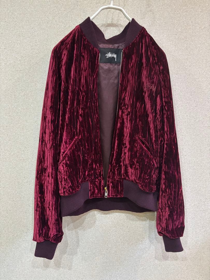 Stussy バーガンディ ベルベット ジャケット 光沢ブルゾン ステューシー