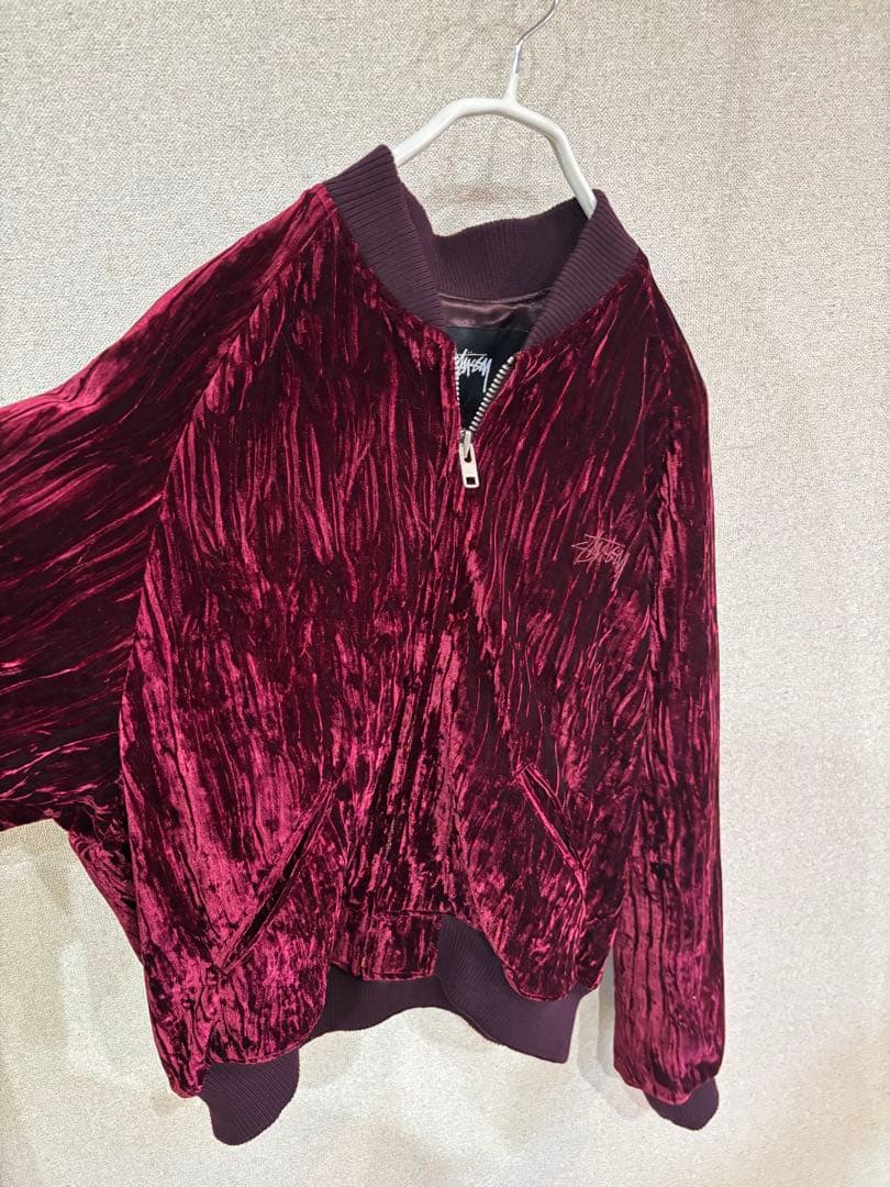 Stussy バーガンディ ベルベット ジャケット 光沢ブルゾン ステューシー