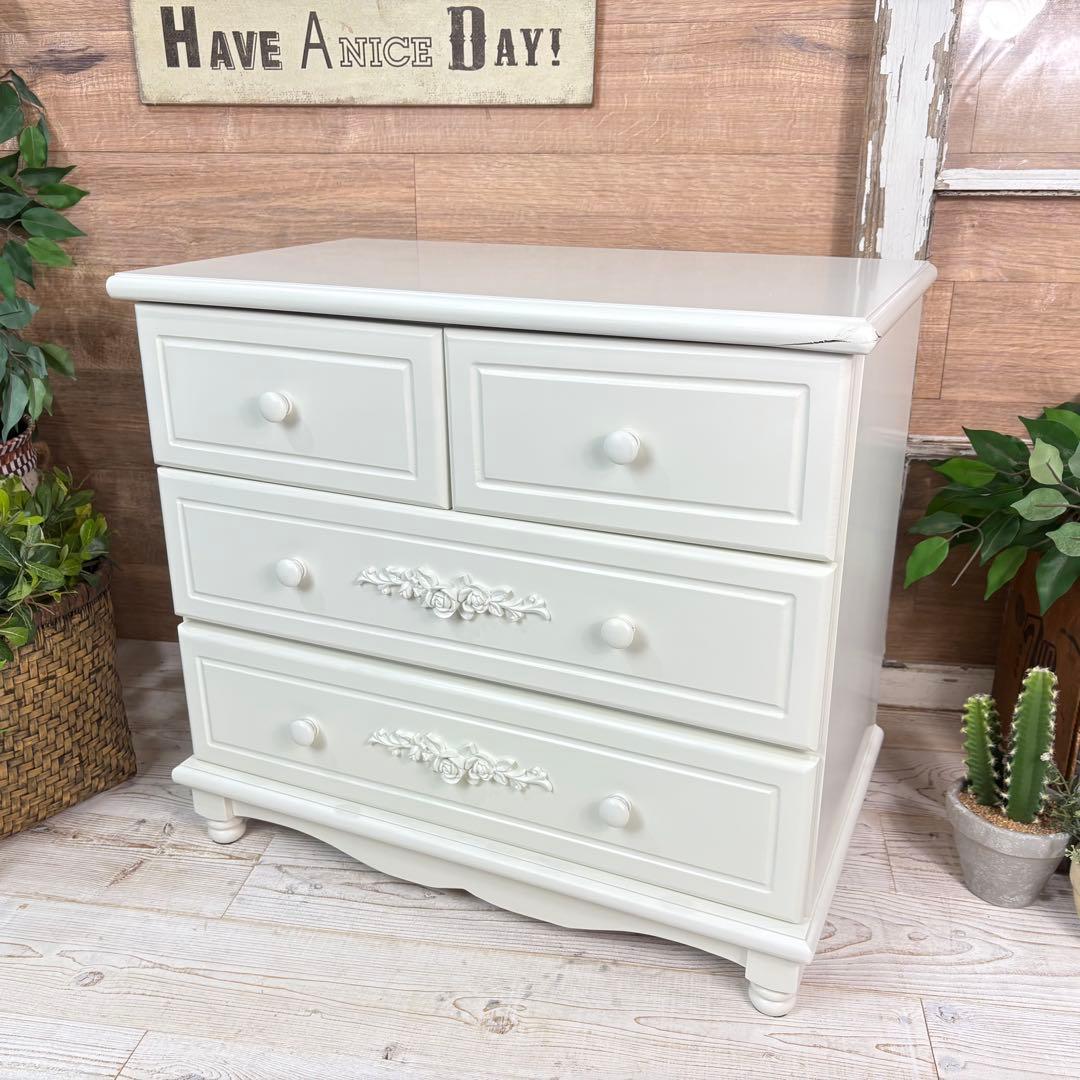 訳あり品！【105】フレンチ調ホワイトチェスト三段四つ引き木製収納家具姫系タンス