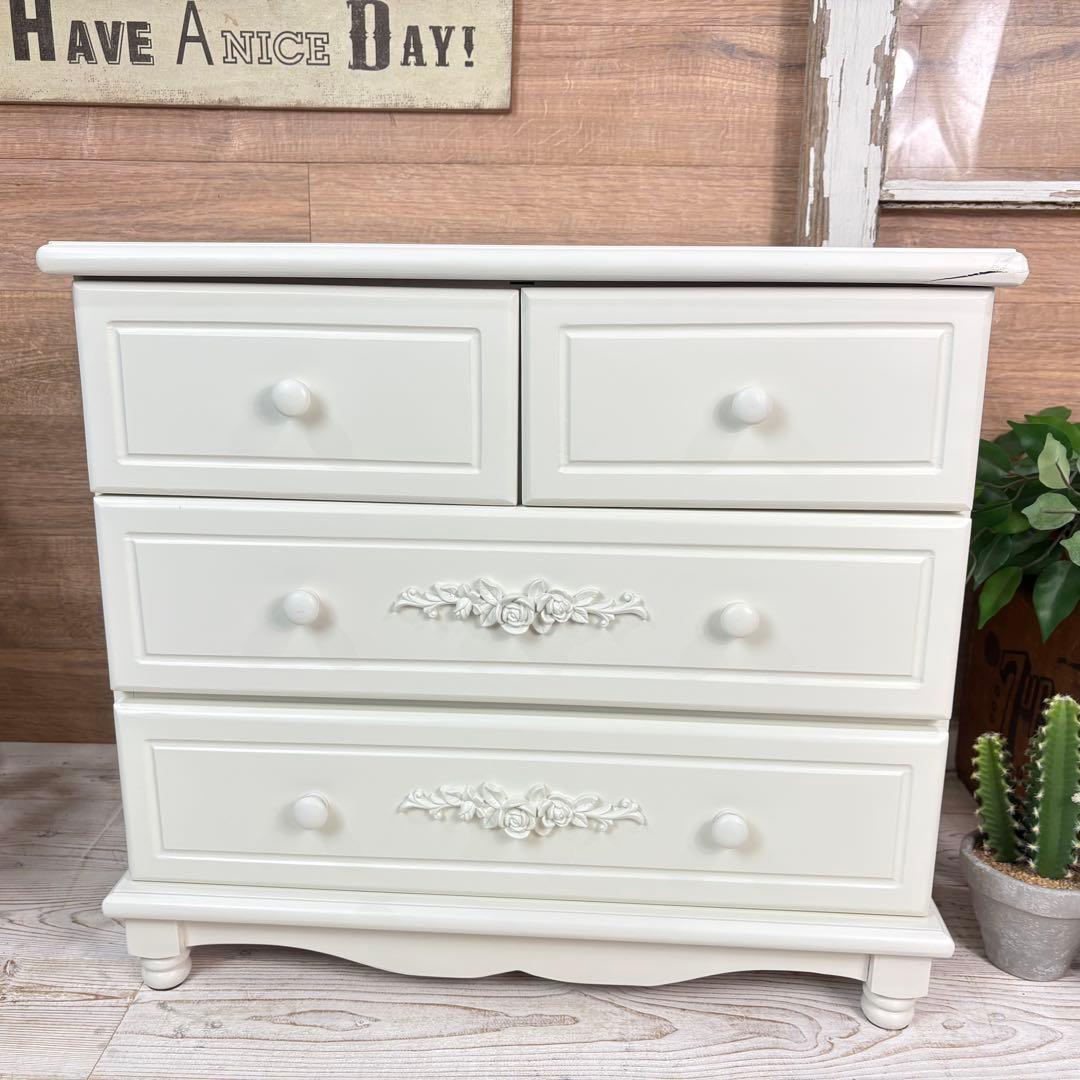 訳あり品！【105】フレンチ調ホワイトチェスト三段四つ引き木製収納家具姫系タンス