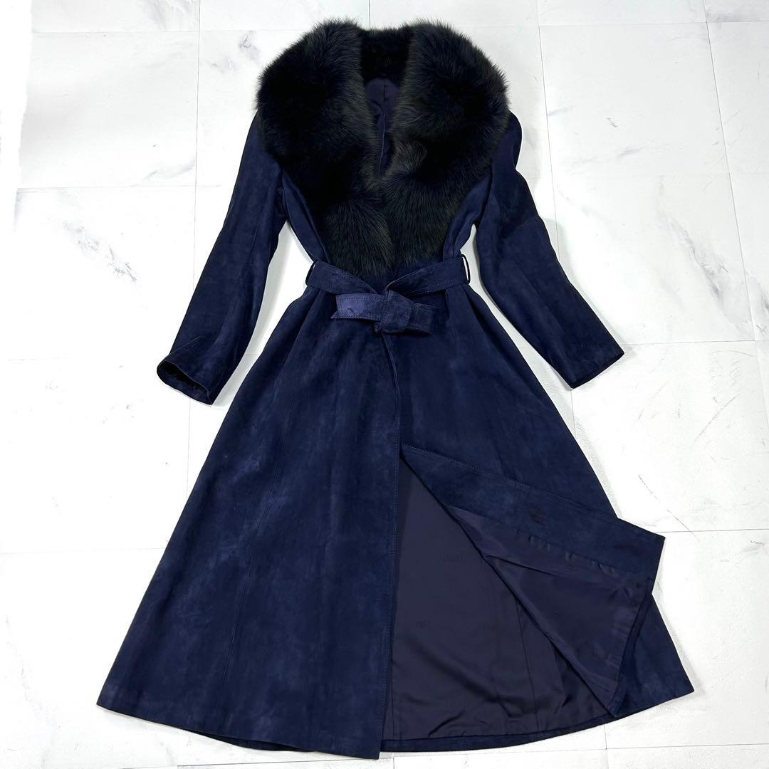 高級 染め フォックスファー ネイビー スエード ロングコート レディース