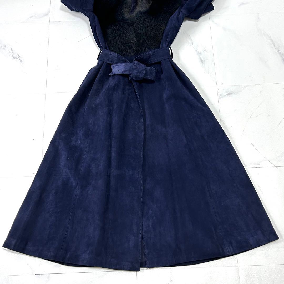 高級 染め フォックスファー ネイビー スエード ロングコート レディース