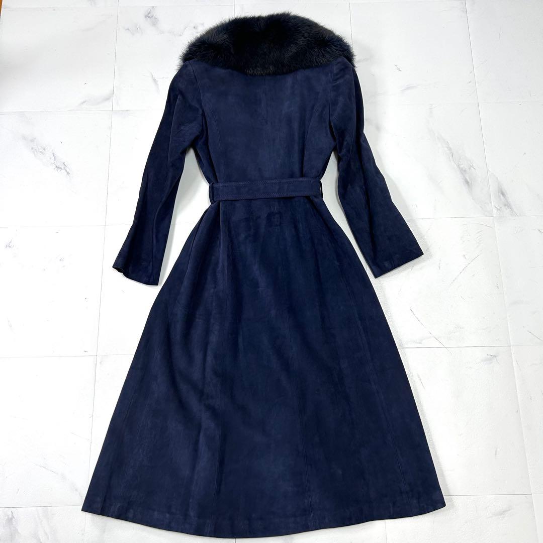 高級 染め フォックスファー ネイビー スエード ロングコート レディース