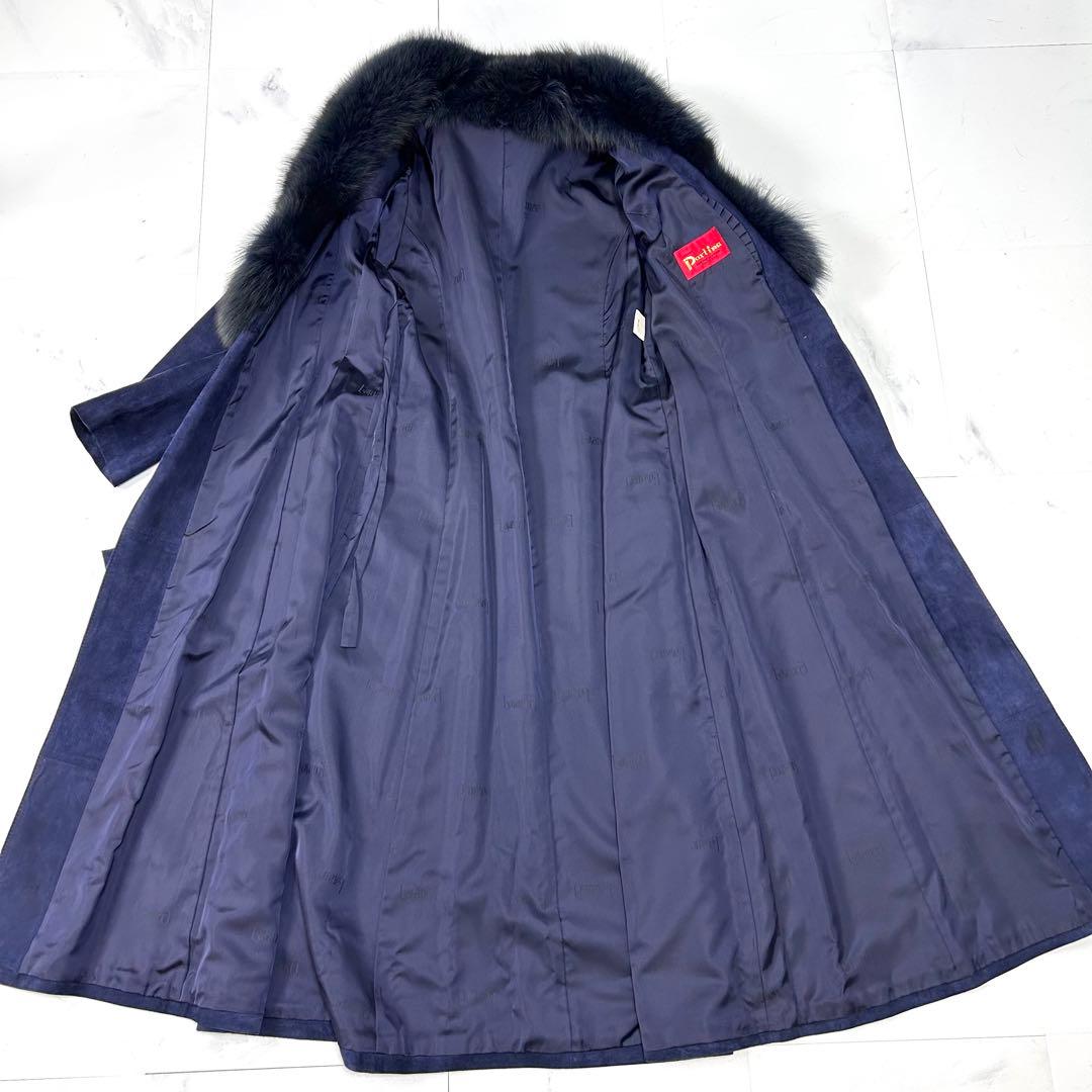 高級 染め フォックスファー ネイビー スエード ロングコート レディース