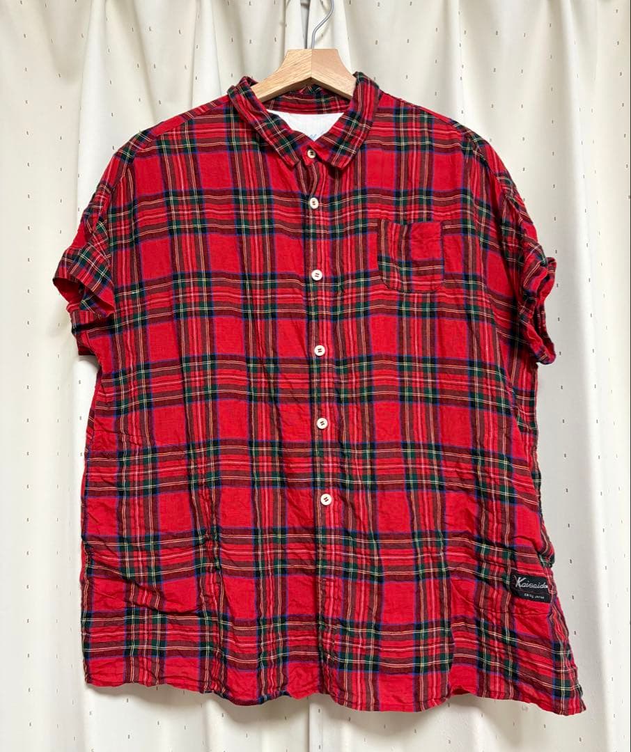 快晴堂 リネンタータンチェックバンドスリーブ半袖シャツ サイズ2 カラー レッド