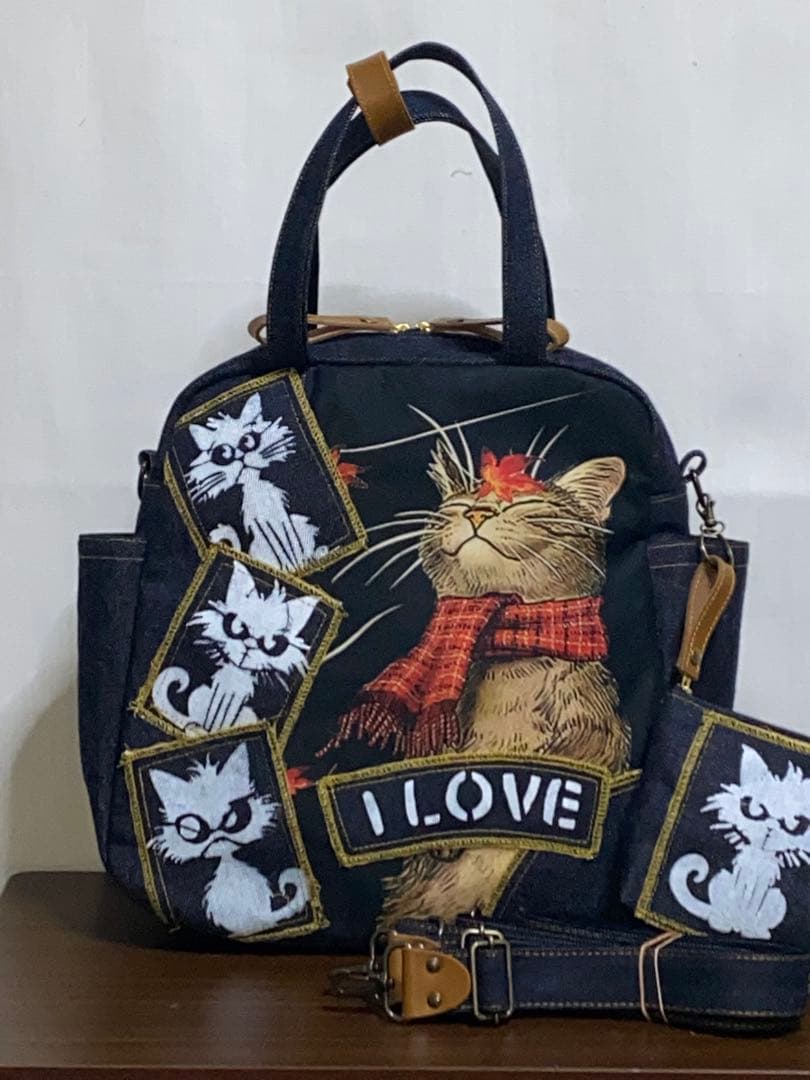 ☆岡山デニム☆ステンシル☆トラネコ☆☆4wayボストンバッグ