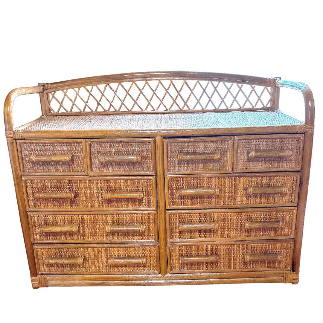 昭和レトロ　ラタン 籐 10杯 ワイド 引き出し チェスト